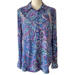 Talbots Blue, Aqua, Teal and Purple Paisley Long Sleeve Blouse